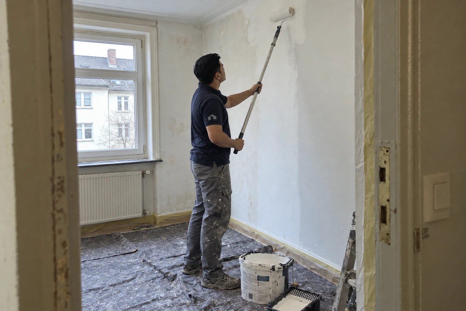 KI-Motiv: Chris streicht eine Wand in einer Renovierungswohnung