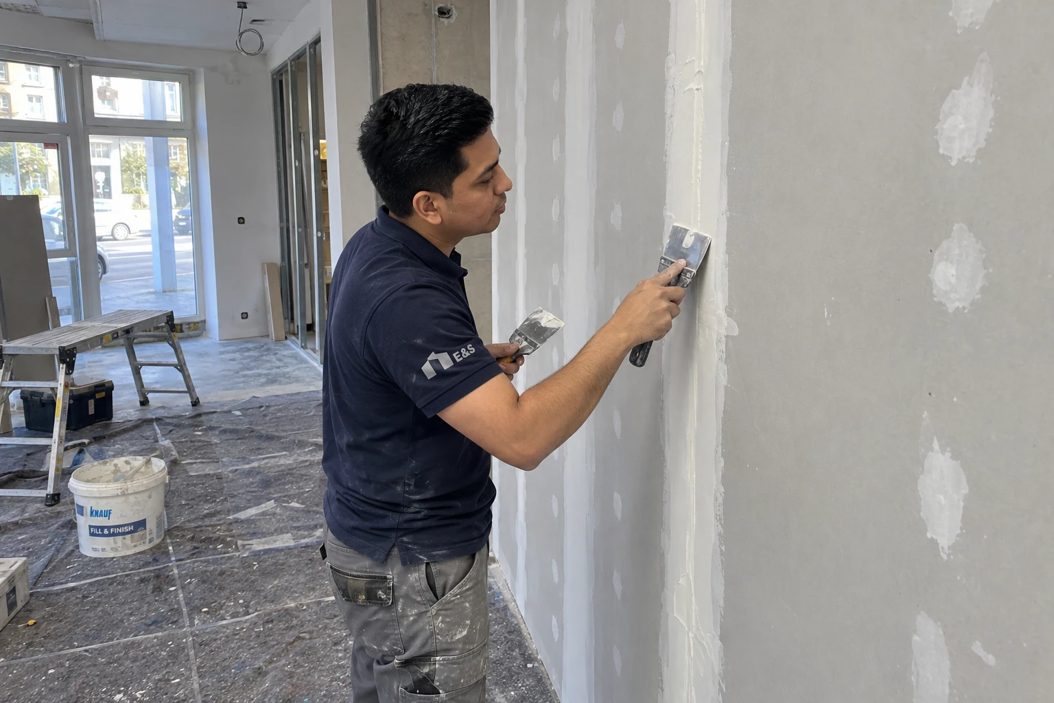 KI-Motiv: Chris verspachtelt eine Gipskartonfuge im Ladenausbau